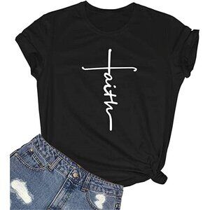 🆕 Women Black Cotton Graphic Funny Faith T-Shirt Casual Short Sleeve